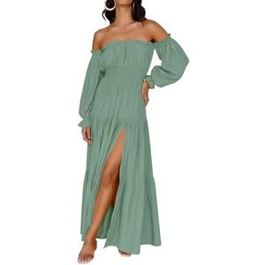 ZESICA Women's 2025 Boho Sexy Off Shoulder Long Sleeve Smocked High Waist Side Split Flowy A Line Tiered Long Maxi Dress Size Medium