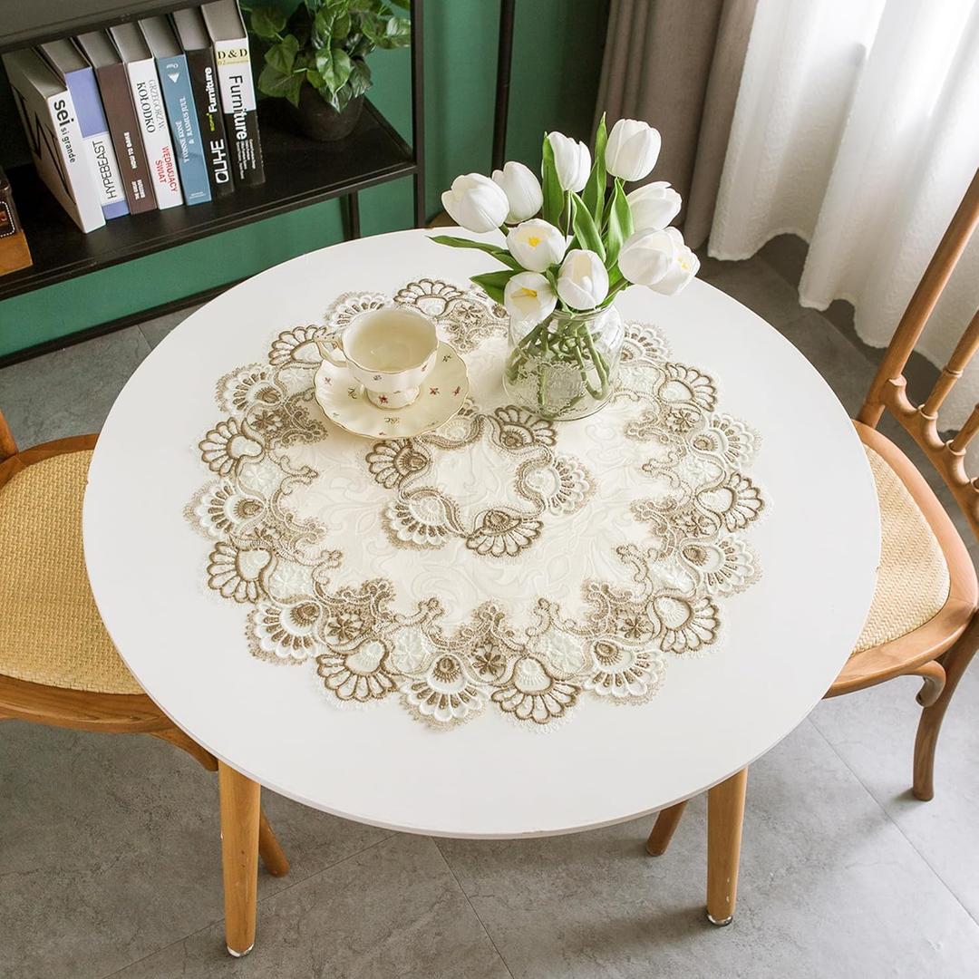 Lace Small Round Tablecloth Doilies Table Topper Scarf Embroidered Farmhouse Table Cloth with Macrame Border for Dresser Wedding Party Placemat Stone 24 inch