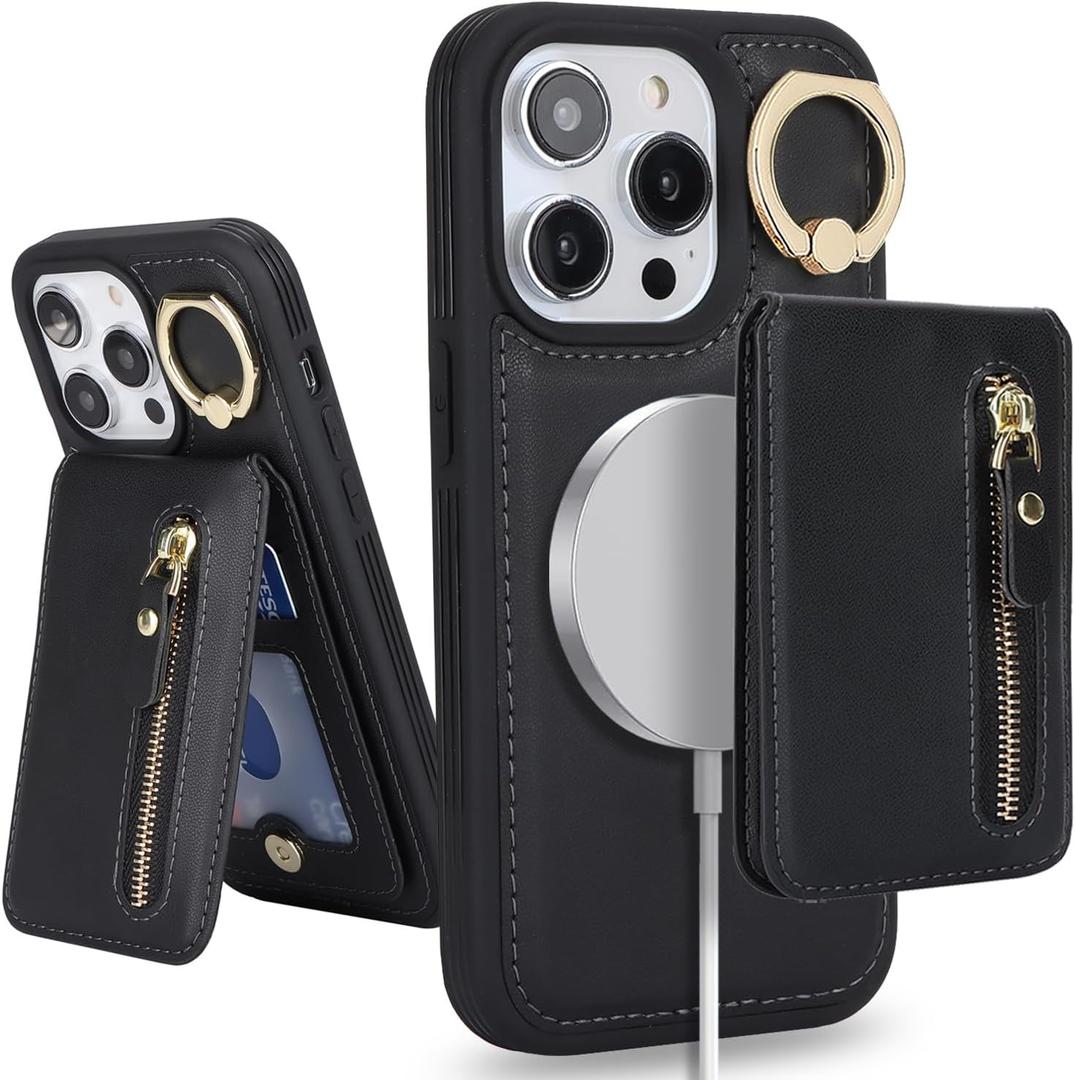 for iPhone 13 Pro Phone case with Card Holder with Compatible magsafe Magnetic, Key Chain PU Leather Flip Kickstand Detachable 2-in-1 Wallet case for Apple13Pro Women Men-Black