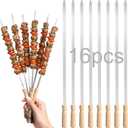 Sawysine 16 Pcs 23.6" Stainless Steel Flat Skewers Bulk with Wooden Handle Large Heavy Duty Reusable Kabob Stick BBQ Barbecue Skewer for Grilling Meat Vegetables Outdoor Indoor Cooking
