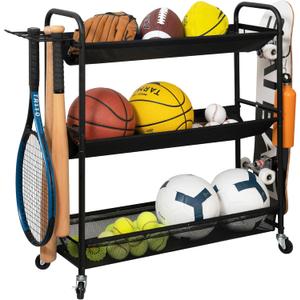 STORAGE MANIAC Basketball Rack 3-Shelf Training Stand Ball Holder Sports Ball Cart Garage Organizer Ball Basket Storage, Ball Rack for Garage or Gym, Indoor & Outdoor Sports Equipment Organizer