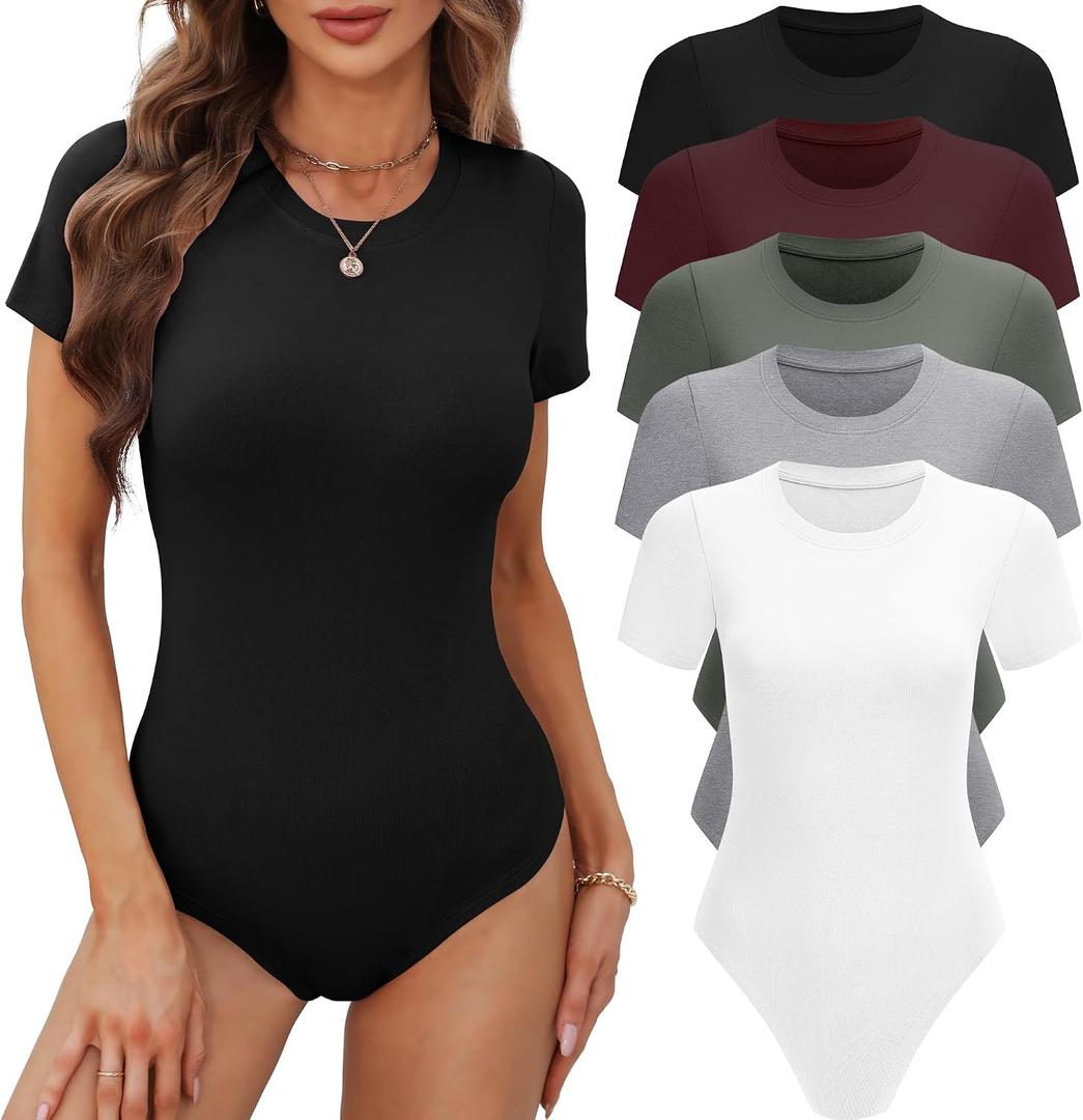 BALENNZ 5 Pack Bodysuits for Women Short Sleeve Round Neck Bodysuit Tops Crew Neck Basic Casual Stretchy Tshirt Bodysuits Large