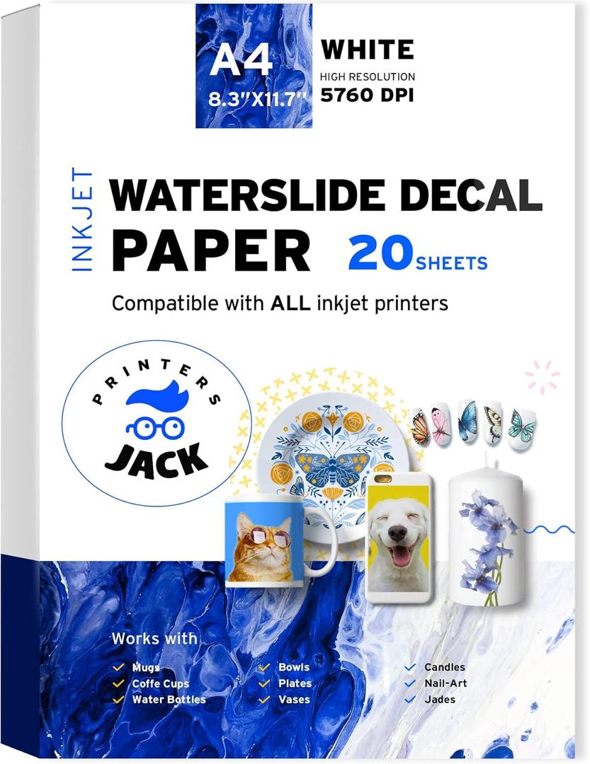 Printers Jack Water Slide Decal Paper Inkjet WHITE 20 Sheets A4 Size Premium Water-Slide Transfer Paper Printable Water Slide Decals for Tumblers, Mugs, Glasses DIY (20 Sheets 8.27 x 11.69 inches)