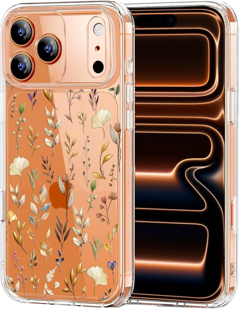 Unov for iPhone 17 Pro Case, Clear with Design, Slim Fit Good Grip, Embossed Phone Case, Shockproof Protective Cover, Raised Camera Protection, Soft TPU, Golden Garden