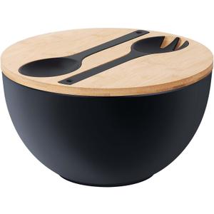 11.3" Extra Large Salad Bowl with Wooden Lid & Servers, 208Oz, Oversized Bamboo Fiber Salad Serving Set with Utensils for Home/ Kitchen, Big Lightweight Bowl for Mixing Salad, Fruit, Pasta - Matte Black