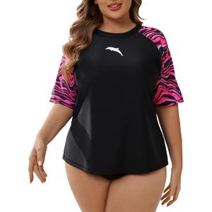Halcurt Women's Plus Size Rash Guard Short Sleeve Swim Shirt with Built in Bra UPF50+ Sun Protection Swimsuit Top, Size 2X