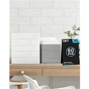 DKP 60Pcs White 3D Foam Wall Panels, Self-Adhesive Brick, 58 Sq Ft