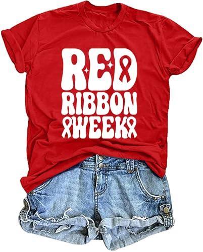 ELDPS Women Red Ribbon Week Shirt:Red Ribbon Week Awareness T-Shirt Prevention Short Sleeve Tops Large