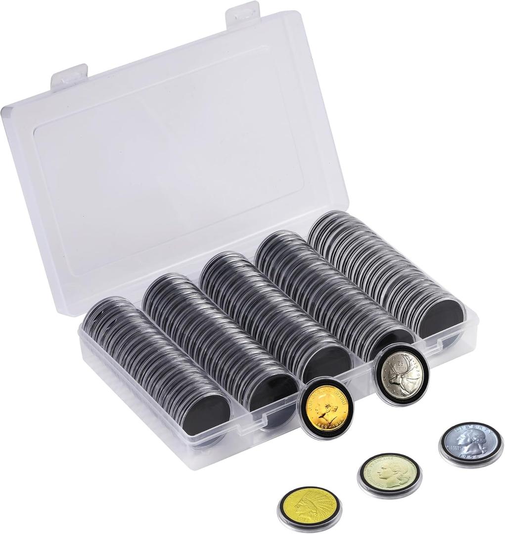 100Pcs 30mm Coin Holders with 5-Size Foam Gasket, Plastic Coin Capsules for Collectors, Clear Coin Case with Storage Organizer Box for Coin Collection Supplies, Black Gasket 17/20/25/27/30mm