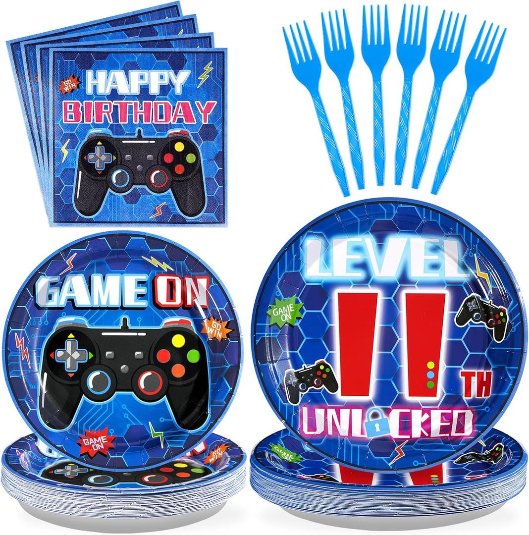 Grencian 96Pcs 11th Birthday Decorations for Boys Blue Video Game 11th Birthday Plates Disposable Paper Tableware Set for Kids Boys Girls 11 Year Old Video Game Theme Party Supplies, Serves 24