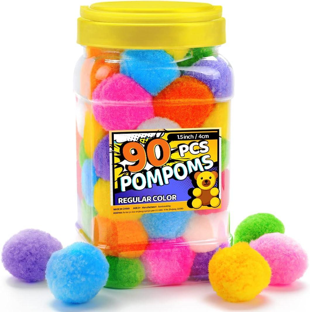 Bundooraking Pom Poms, 1.5 Inch (4cm) 90pcs Multicolor Bulk Large Balls Arts&Crafts, Soft and Fluffy Craft Pompoms in Jar for Making Decorations DIY Craft Supplies