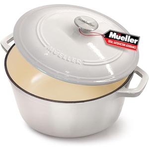 Mueller Cast Iron Dutch Oven Pot with Lid, 6 Quart Enameled, Dual Handles, Stainless Steel Knob, Stew & Induction Pot - For Braising, Roasting, Baking, Cast Iron Bread Pan with Lid, White