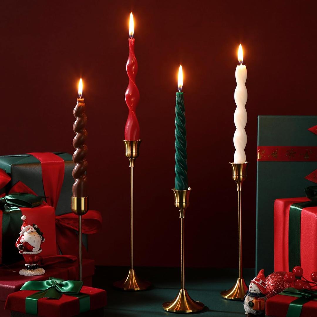 Nuanchu 4 Pcs 7.87 Inch Twisted Taper Candles Wax Unscented Smokeless Spiral Swirl Candlesticks for Wedding Holiday Dinner Party Home Decorations (Christmas Color)