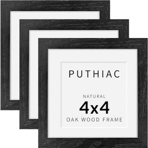 puthiac 4x4 Solid Oak Wood Picture Frame, Fits 3x3 with Mat or 4x4 Without Mat, Wall or Tabletop Display with Stand, Plexi Front, 3 Pack, Black