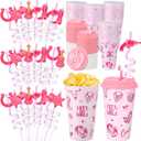 Yungyan 16 Sets Pink Cowgirl Party Favors Goodie Cups with Lids and Straws for Halloween Party Decorations Reusable 16oz Plastic Candy Cups Plastic Straws for Birthday Gift(Pink Cowgirl)