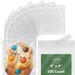 4 x 4 Inch Cellophane Bags 200 Pack  Clear Self-Sealing Resealable Treat Bags for Cookies, Candy, Pastries, Party Favors, Square Cello Packaging
