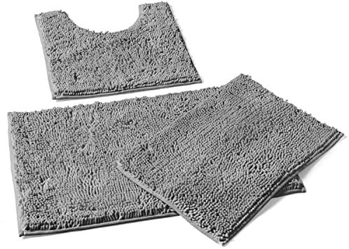 LuxUrux 3-Piece Bathroom Rug Set – Plush Chenille Bath Mats & U-Shaped Toilet Mat, Ultra-Soft, Absorbent & Non-Slip                               (20x20 U, 16x24 & 20x30 inches, Light Grey)