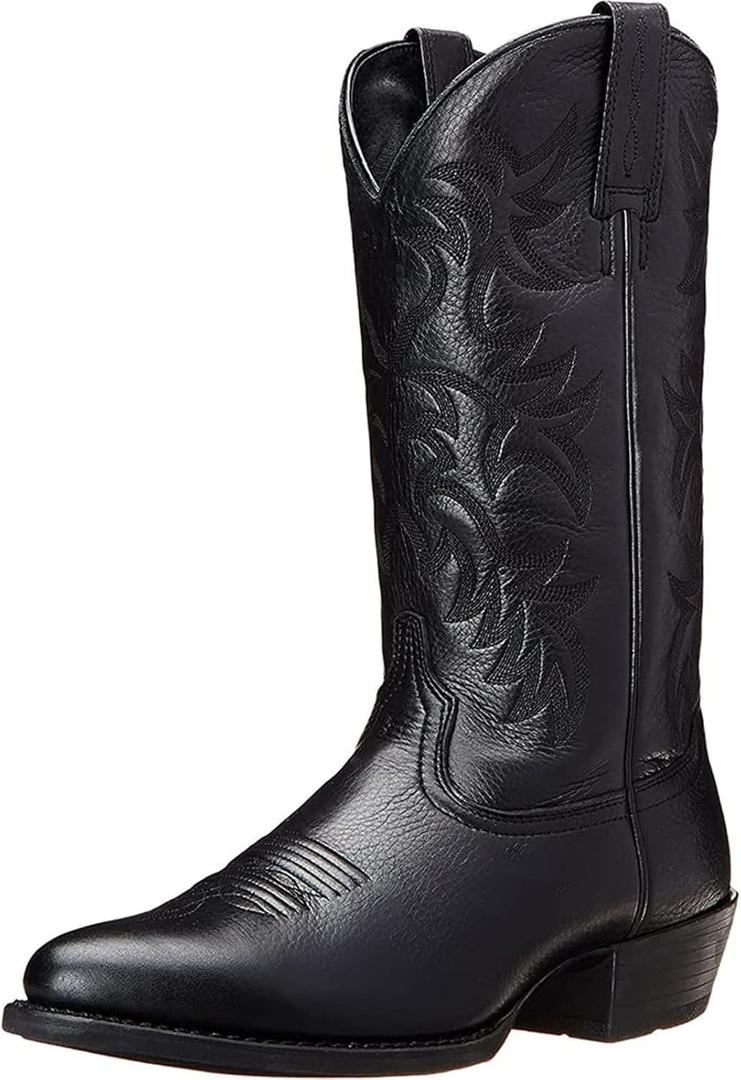 femflame Cowboy Boots for Men Round Toe Distressed Work boots Embroidered Western Boots Traditional Country Boot (10, Black)