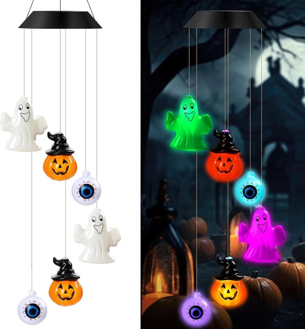 Halloween Solar Wind Chimes 27.5Inch Halloween Decorations Outside Waterproof Hanging LED for Yard, Porch, Patio, Party, Color Changing Eyeballs Ghost Lights(Mixed)