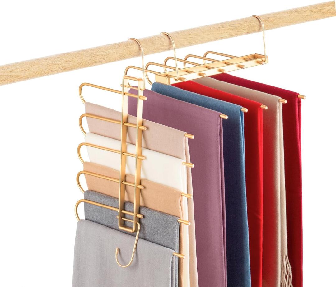 Pants Hangers Space Saving,Closet Hangers 5 Layers 2 Uses Multi Functional Pants Rack,Metal Heavy Duty Wardrobe Organizer Racks for Clothes Trousers Scarves Ties (2Pack Gold)