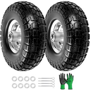 Parts Camp 4.10/3.50-4 tire replacement gorilla cart tires 10" Flat-Free Solid Tires and Wheels hand truck tires dolly tires wagon wheels With 5/8" Bearings 2.15" Offset Hub 2Pack