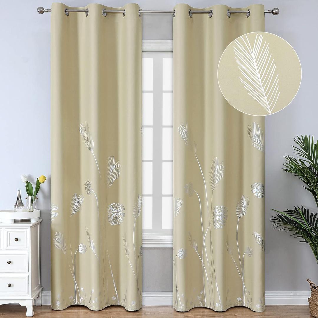 Estelar Textiler Darkening Curtains White Window 84 Inches Long Thermal Insulated Grommet Blackout Curtains with Silver Palm for Dining Room Sliding Door, 38Wx84L, Beige, 2 Drapes