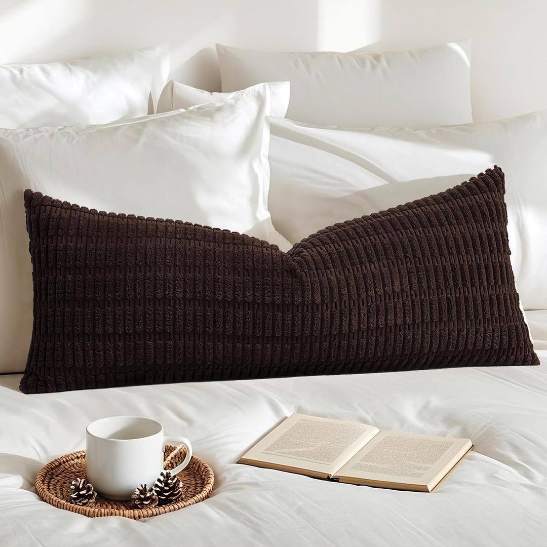 OTOSTAR Corduroy Decorative Lumbar Throw Pillow Cover 14x36 Inch Super Soft Boho Striped Rectangle Pillow Covers Case Modern Cushion Covers for Sofa Couch Bedroom Car Decor Dark Brown