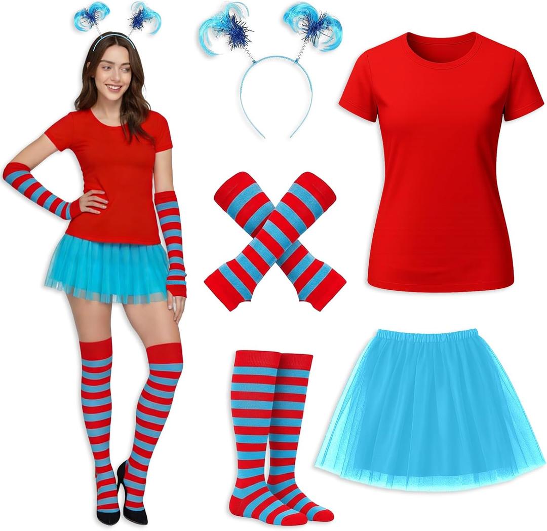 5 Pcs Tulle Tutu Costume Accessories Set Women T Shirt/Striped Socks/Tutu Skirt/Blue Headband/Stretchy Gloves (Medium)