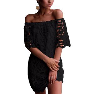 PRETTYGARDEN Women's Summer Off Shoulder Dresses Floral Lace Flare Short Sleeve Spring Vintage Elegant Mini Dress (Black, M)