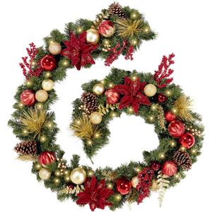 WBHome Pre-lit 9 Feet/108 Inch Christmas Garland Classic Red&Gold Themed with 50 LED Lights Holiday Decorations, Battery Operated (Batteries NOT Included)