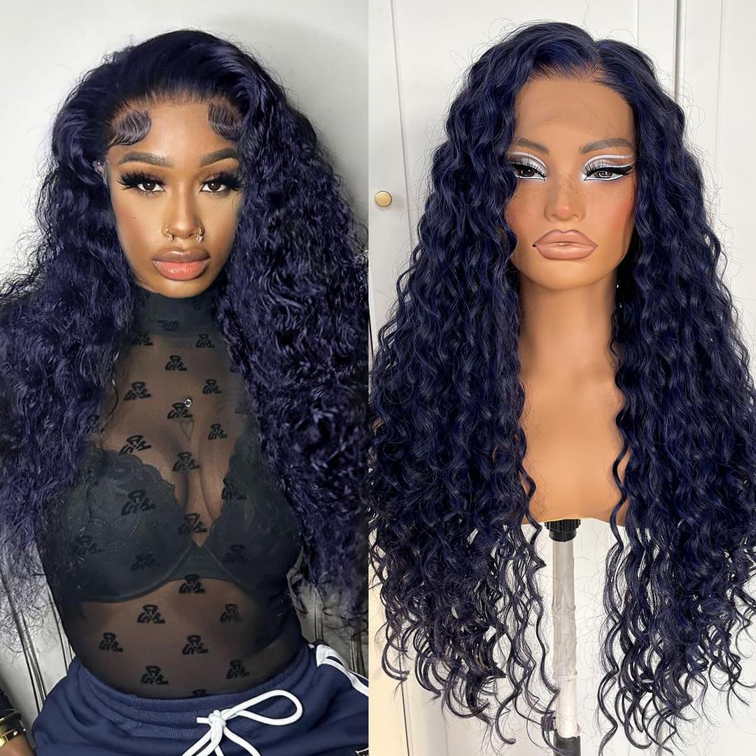 13x6 Curly Wig Blue HD Lace Front Wig Pre-Plucked Dark Blue Glueless Synthetic Deep Wave Lace Front Wigs Wear And Go Kinky Long Curly Wig