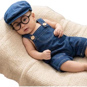 Newborn Baby Photography Props Infant Baggy Retro Denim Jumpsuit Overalls Hat and Glasses Set Handmade Photo Shoot Costume for Boys Girls (Short Clothing Set)