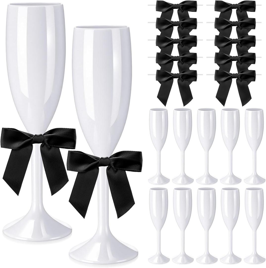 Zopeal 60 Pcs Plastic Champagne Flute Glasses 6 oz and Bow Set 10 Pack Acrylic Wedding Toasting Goblet with 50 Pcs 3.5" Bow Reusable Wine Cup for Bachelorette Bridal (White/Black)