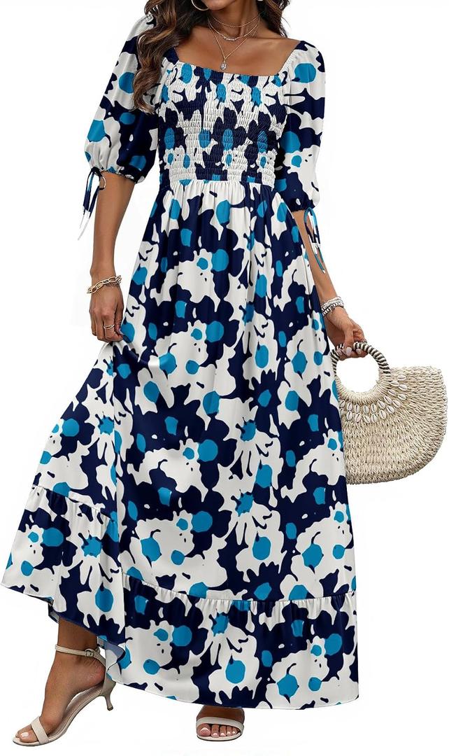 Women Boho Maxi Dresses Summer 2026 Puff Sleeve Square Neck Smocked Aline Casual Ruffle Tiered Flowy Beach Long Dress Pocket (Blue, XL)