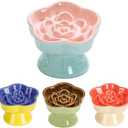 S&Q's CERAMICS Raised Slow Feeder Cat Bowl, Ceramic Elevated and Titled Glass Food Bowl Small Dogs Slow Feeder, Flower Shaped Cute Cat Dish for Dry and Wet Food (Pink, 5.8")