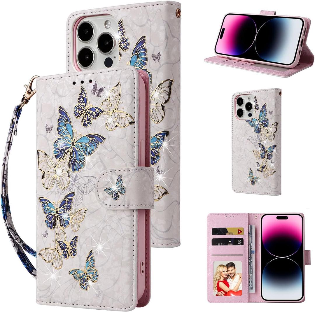 UEEBAI Wallet Case for iPhone 13 Pro Max 6.7 inch, PU Leather Case Kickstand RFID Blocking Flip Case Card Slots Wrist Strap Relief Engraved Pattern Magnetic Closure Flower Folio Case, Blue Butterfly