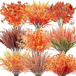 21 Bundles 9 Styles Artificial Fall Flowers for Outdoors Fall Decorations - UV Resistant Fall Plants Boxwood Fake Mums Maple Leaves Dasiy for Autumn Porch Patio Indoor Thanksgiving Window Box Decor