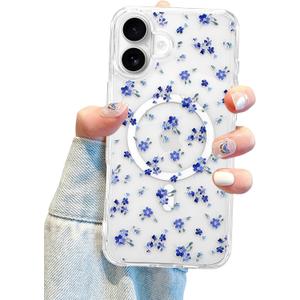 Jusy Magnetic Cute Flower Case for iPhone 16 Plus, Cute Aesthetic White Floral Pattern Phone Case Compatible with Magsafe, Soft TPU Protective Phone Cover for Women Girls - Blue Flower