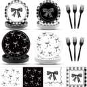 96PCS Black White Bow Party Plates and Napkins Coquette Birthday Decorations Supplies Girl Bachelorette Bridal Engagement Bow Paper Cake Dessert Tableware Set for Baby Shower 24 Guests