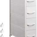 Narrow Dresser Storage Tower with 4 Drawers, Slim Dresser Chest of Drawers with Steel Frame, Wood Top, Dresser for Bedroom, Bathroom, Small Spaces, Laundry, Closet (White) (18.9"D x 7.9"W x 29.5"H (4 Drawers))