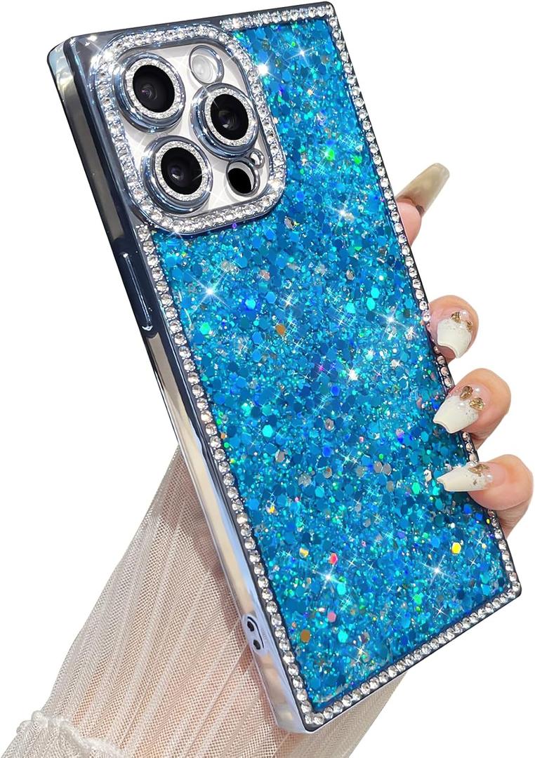 Yeddabox for iPhone 14 Pro Max Case Glitter, Luxury Sequin and Diamond Bumper Cover with Reinforce Corner, Soft Shockproof Protective Electroplated Case for iPhone 14 Pro Max for Women Girls, Blue