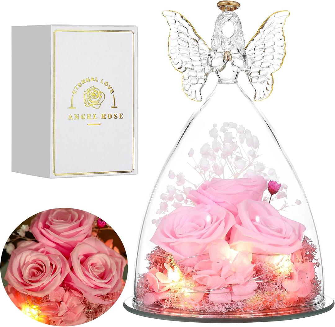 Mothers Day Mom Gifts for Women Preserved Flowers in Glass Angel Forever Flowers for Delivery Prime Eternal Roses Gifts for Grandma, Peach Pink