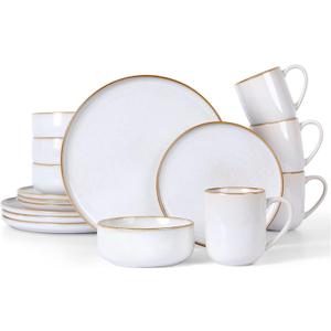 LIANYU 16 Piece Dinnerware Dish Sets for 4, Stoneware Plates and Bowls, Dishware Set with Dinner Salad Plates, Bowls, Mugs, Microwave & Dishwasher Safe, Pearl White