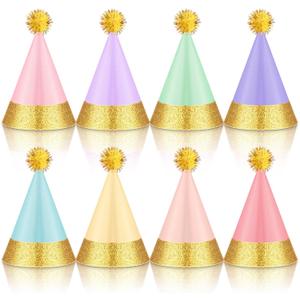 40 Pcs Mini Party Hats with Pompoms, Glitter Stuffed Animals Birthday Party Cone Hat for Stuffed Animals Pets Party (Macaron Color,2 x 3 Inch)