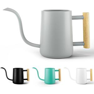 35 oz Metal Small Indoor Watering Can with Long Spout & Real Wood Handle for House Plants, Succulents, Cacti & Seedlings - Gray Long Spout Watering Can Indoor Plants - Stylish, Gentle Flow, No Spills