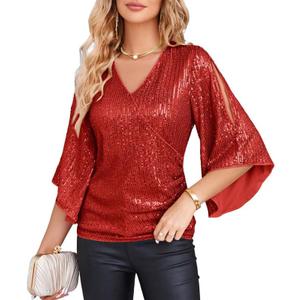 GRACE KARIN Womens Sparkly Sequin Tops,3/4 Sleeve Glitter Party Dressy Blouse,V-Neck Disco Evening Club Concert Shirt (Medium, Red)