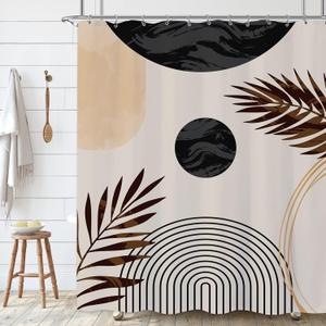 Boho Mid Century Shower Curtain Abstract Modern Leaf Shower Curtain for Bathroom Set Geometric Minimalistic Tan Neutral Beige Sun Brown Fabric Waterproof Shower Curtain for Bathtub 60x72 Inch