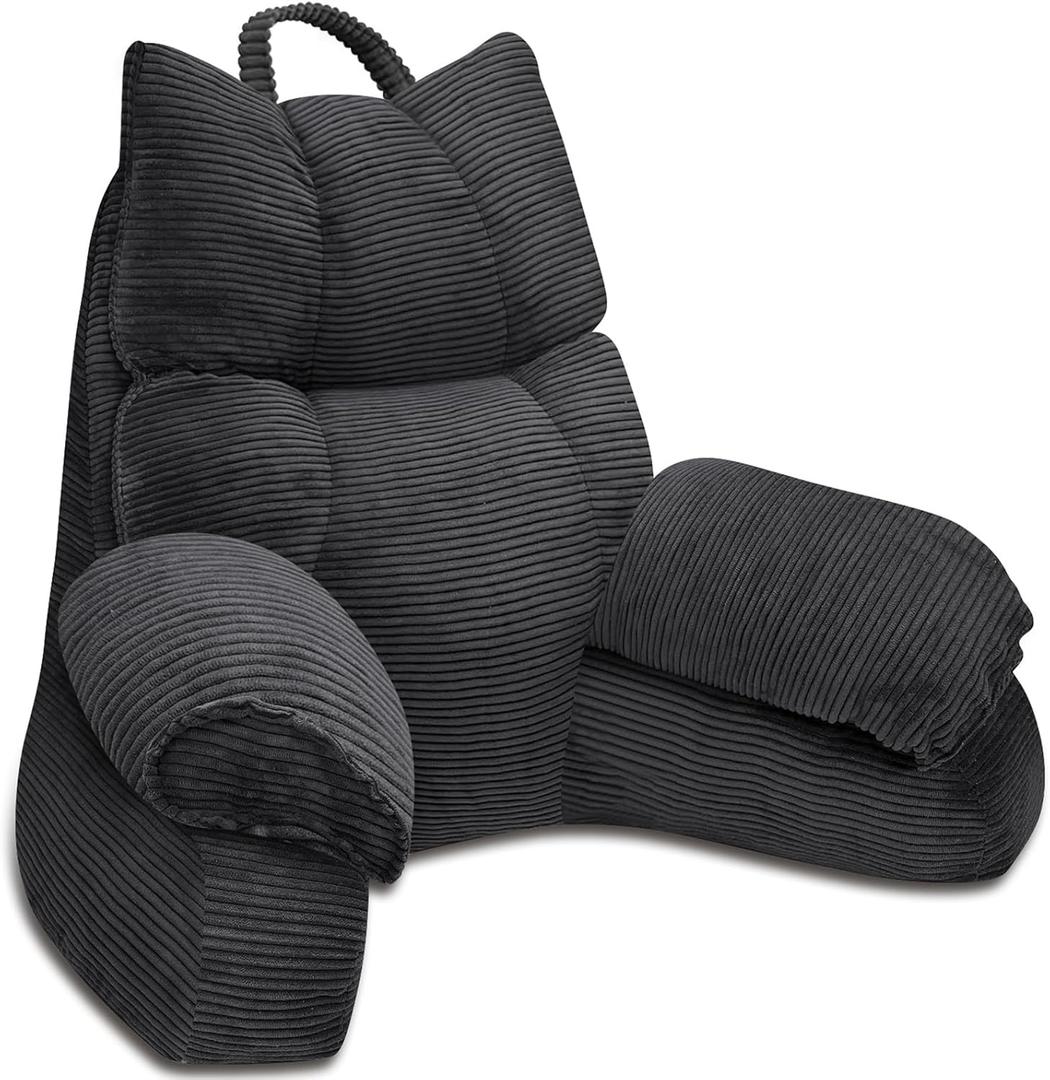 RRPAHWTV Reading Pillow for Bed with High Arm Rests ,Back Support Pillow for Sitting Up in Bed with Shredded Memory Foam for Reading, TV, Gaming or Relaxing on FloorGrey Black, Large