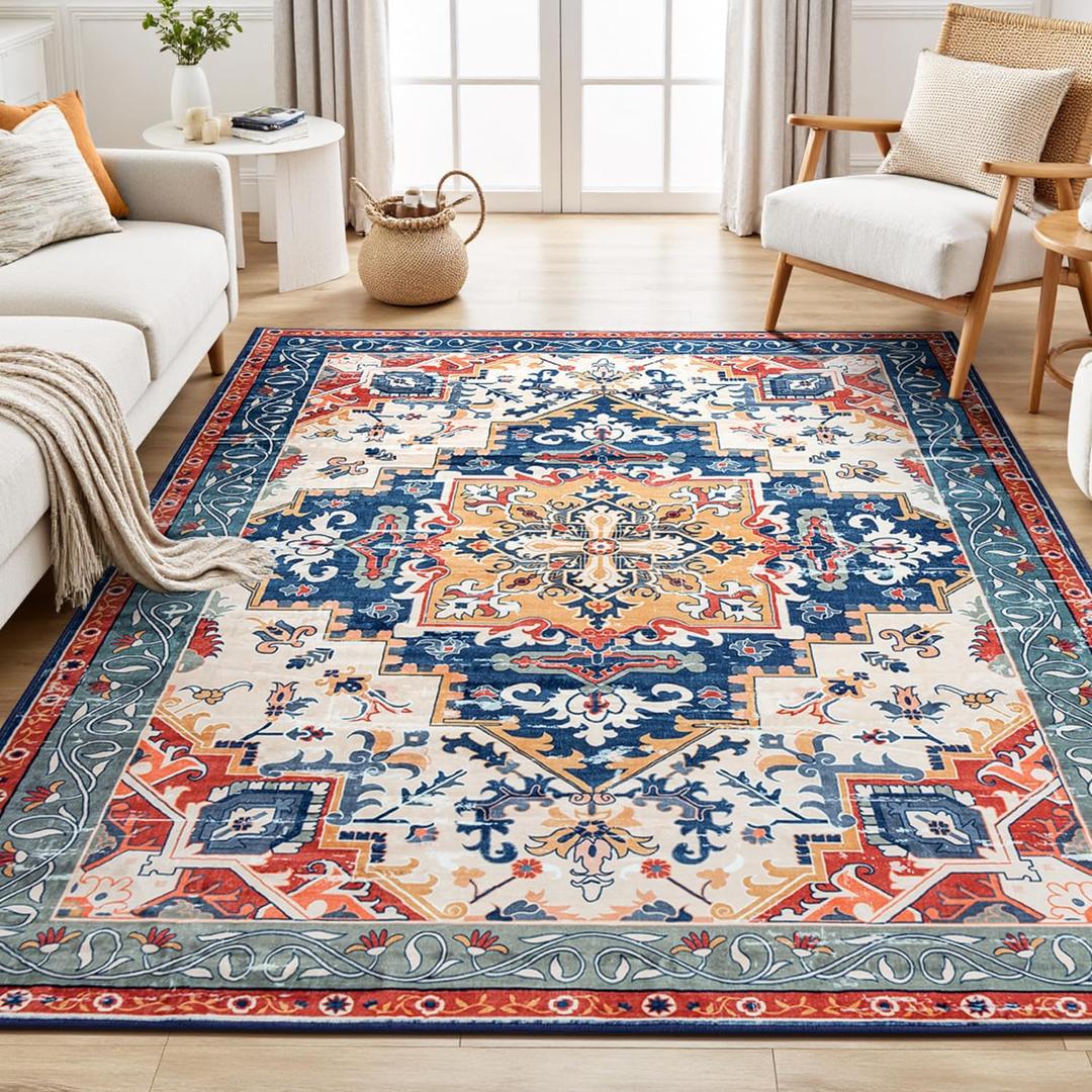 Rugflix 8x10 Area Rug for Living Room, Machine Washable Area Rugs with Non-Slip Backing, Large Soft Boho Vintage Rug for Bedroom, Dining Room, Low Pile Carpet, Kids Pet Friendly, Red