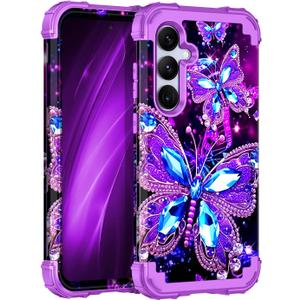 Miqala for Galaxy S24 5G Case,Glow in The Dark Three Layer Heavy Duty Shockproof Full Protection Hard Plastic Bumper+Soft Silicone Protective Case for Samsung Galaxy S24 6.2 inch,Dark Butterfly